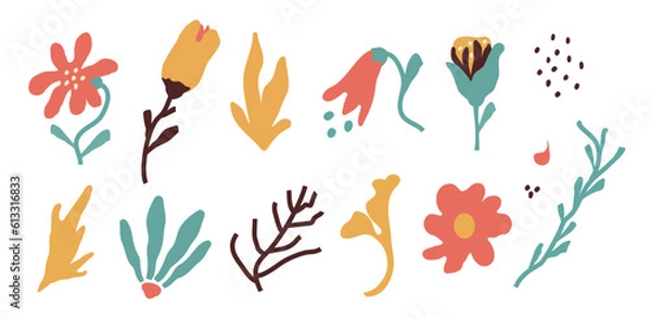 Fototapeta Simple abstract hand drawing of various shapes, patterns. Nature botanical flowers, leaves, objects, modern fashion elements. for print, banner, card, social networks. vector art illustration.