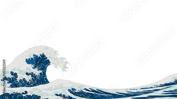 Obraz 北斎の浮世絵風の波の背景イラスト。背景なし、16：9、ベクターイラスト、バナーテンプレート、透過背景