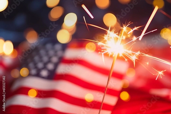Fototapeta Sparkles with lights in soft focus and American flag on the background. July forth celebration. The Independence day backdrop. Abstract minimalistic wallpaper with space for text. 
