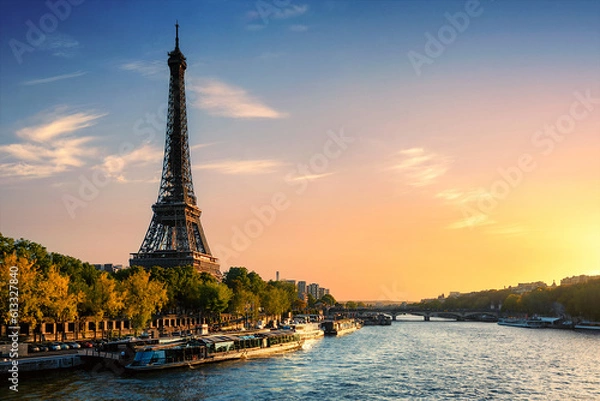 Fototapeta The Eiffel Tower in Paris France, at sunset