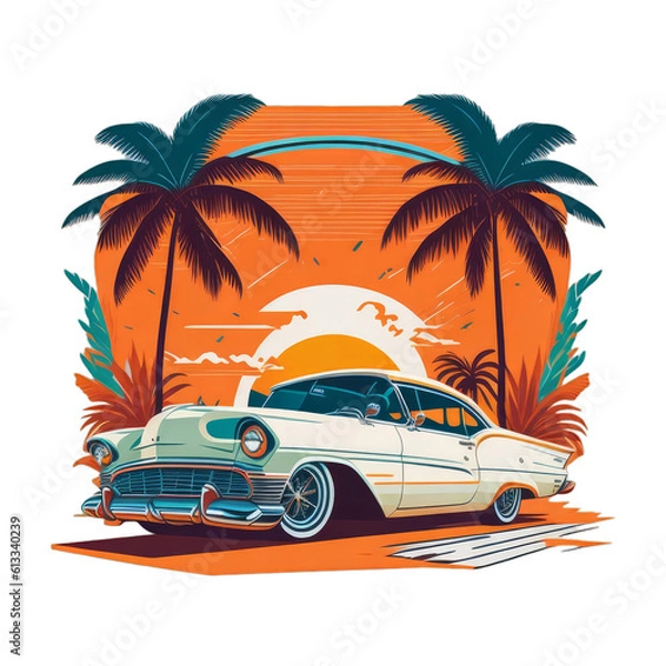 Fototapeta tshirt design of a vanilla cream white retro vintage car with a ocean island beach and palms. png without background. transparent background. Generative AI