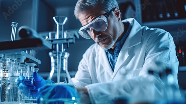 Fototapeta Scientist examining sample in beaker in laboratory. Generative AI