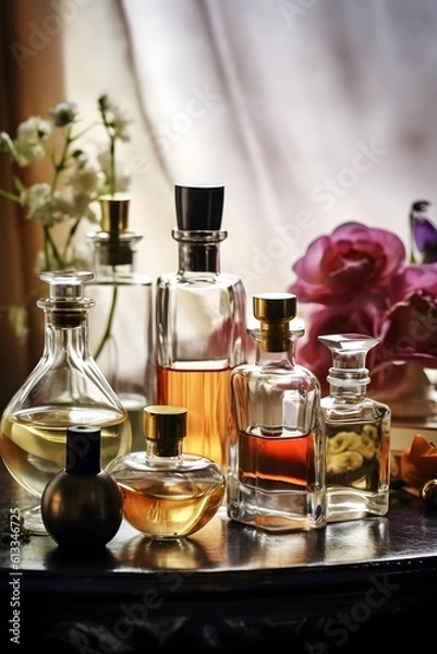 Fototapeta bottles and flacons with perfume essences and oils, the concept of making spirit of perfume products, AI generation