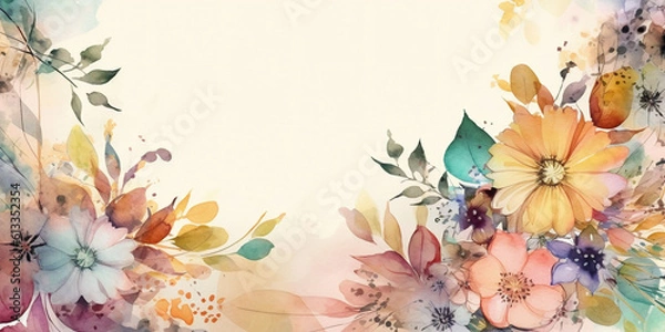 Fototapeta Colorful watercolor style flowers branches on ivory background. Created with Generative AI technology