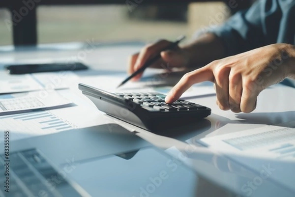 Fototapeta Accountant using calculator for calculate finance report in office.