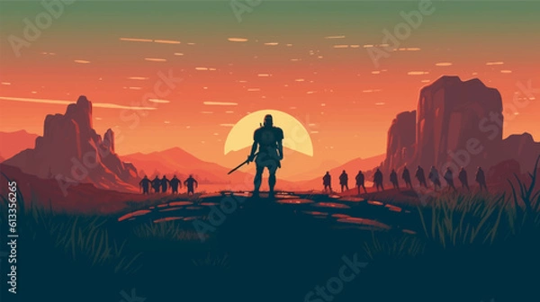 Fototapeta Vector illustration of ancient Roman legions marching in the meadow, with their leader standing in front