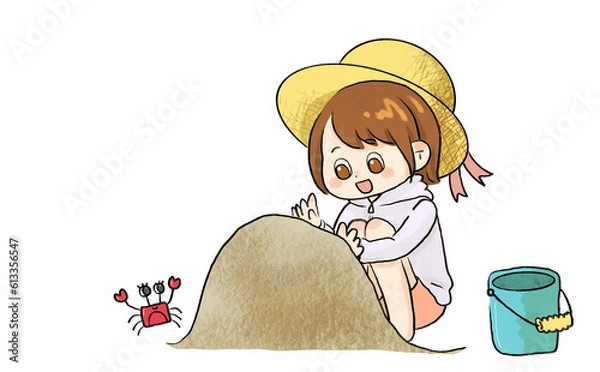 Fototapeta 砂山を作る子供とカニ