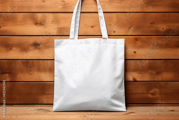 Obraz Blank white tote bag mockup isolated on wooden background, eco cotton bag canvas. Generative AI