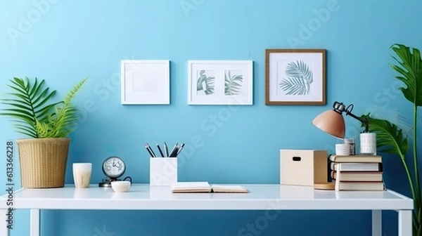 Fototapeta Image of Creative Workspace Desk with office accessories, blank photo frame or poster, book, plant on blue background. Mockup Space, Home Office Desktop Workspace. telephoto lens studio lighting