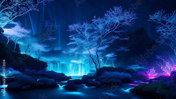 Fototapeta A captivating background image that portrays the seamless fusion of technology and nature. Glowing bioluminescent flora, shimmering waterfalls, and a serene sky created with Generative AI Tools
