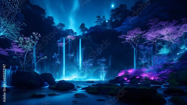 Fototapeta A captivating background image that portrays the seamless fusion of technology and nature. Glowing bioluminescent flora, shimmering waterfalls, and a serene sky created with Generative AI Tools