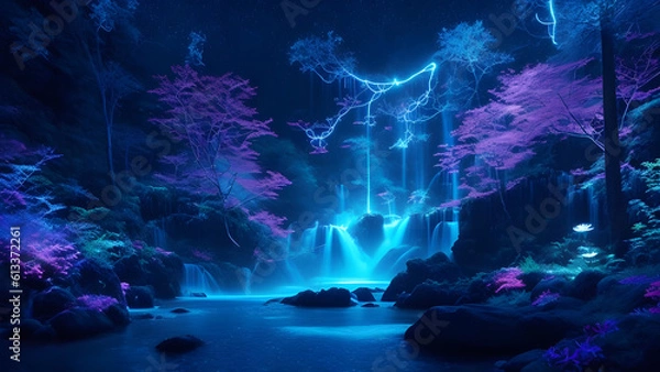 Fototapeta A captivating background image that portrays the seamless fusion of technology and nature. Glowing bioluminescent flora, shimmering waterfalls, and a serene sky created with Generative AI Tools