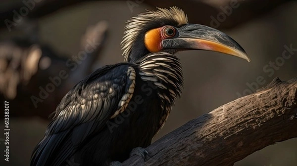 Fototapeta close up hornbill bird on a tree with blurred background