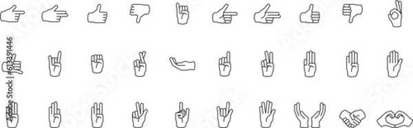 Fototapeta Hand gesture icon set of various shapesIncluded icons as fingers interaction, pinky swear, forefinger point, greeting, pinch, hand washing and more. Vector illustration