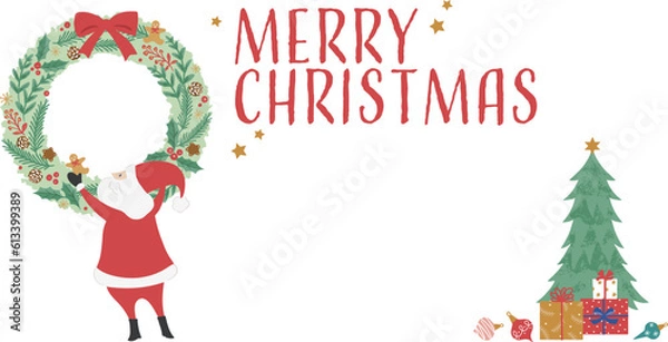 Obraz クリスマスリースを飾るサンタクロースのイラスト-カラー