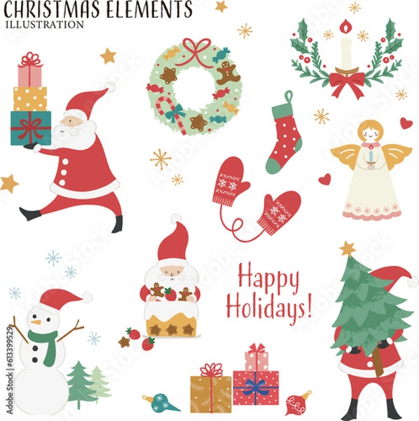 Fototapeta カラフルなクリスマスデコレーションのイラストセット-1