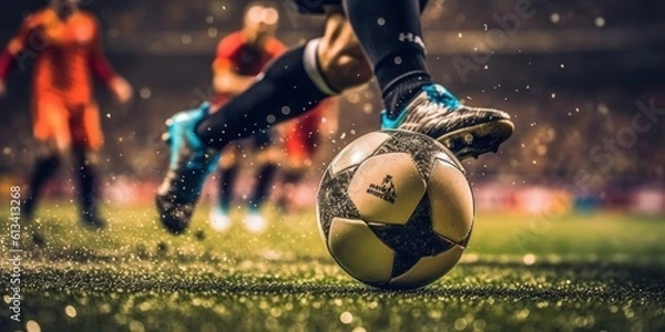 Fototapeta Close Up Football or Soccer Player Foot Playing With the Ball in Stadium. Generative AI