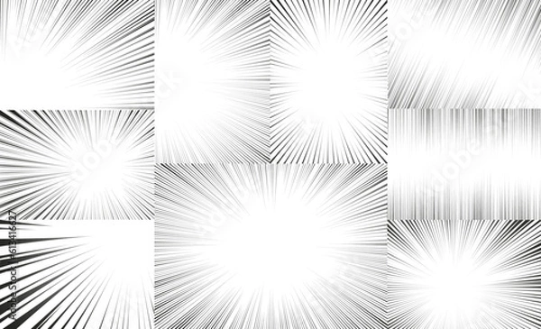 Obraz Manga lines radial speed for burst effect set. Motion and force action focus flash strip lines for anime comic book. Vector background illustration of black ray manga speed frame.