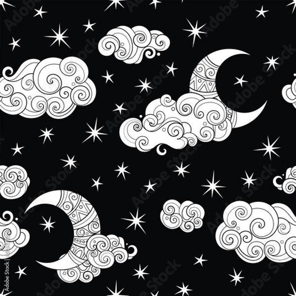 Fototapeta Fairytale Weather Forecast Seamless Pattern. Endless Texture with Starlight Sky. Fantasy Cartoon Design on Black. Vector Contour Illustration. Coloring Book Page