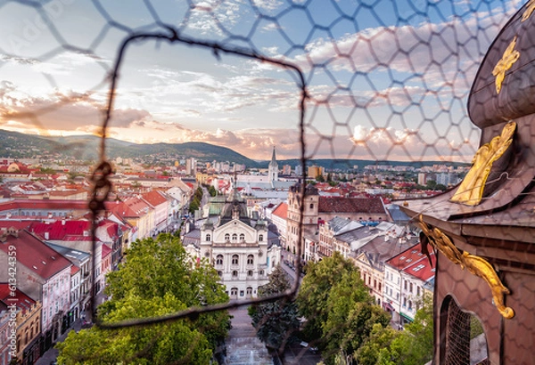 Fototapeta The panoramic view of Kosice Main Street, Old Town, and the national theatre was taken from Sigismund's tower of The Cathedral of St. Elizabeth. 
Slovakia, Europe. 