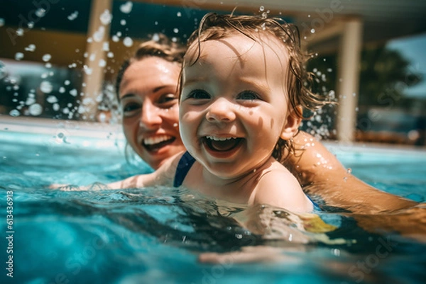 Obraz child playing in the pool together with mother. 