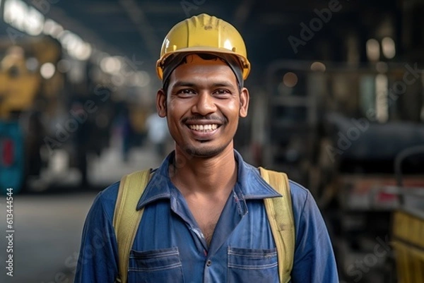 Fototapeta Lächelnder Mitarbeiter in der Fabrik: Verkörperung der indischen Kultur mit sympathischer Persönlichkeit und maskuliner Ausstrahlung, Generative AI