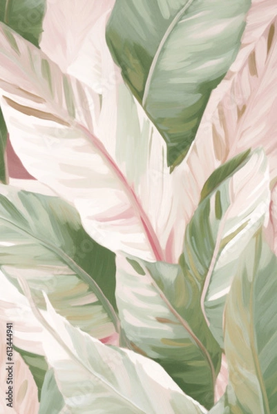 Obraz Green And Pink Leaves Background. Oil Painting Floral Wallpaper. Generative AI.