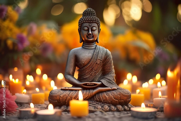 Fototapeta Buddha Statue With Candles In Natural Background