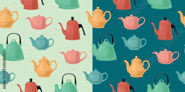 Fototapeta Pattern of colored teapots. Vector image.