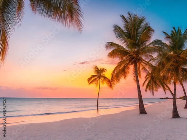 Fototapeta At sunset time on the tropical beach and sea with coconut palm tree, created with generative ai 