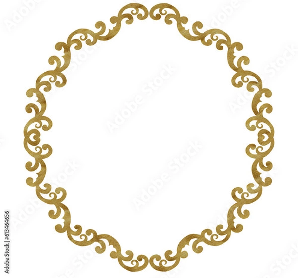 Fototapeta Hand-drawn watercolor round frame with golden texture. Floral design. Can be used for textile, printing or other design. Two options - on white and transparent background.