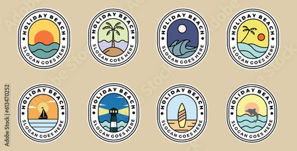 Fototapeta set of holiday beach logo on tropical island with palm trees and sunset ocean waves, badge vector illustration
