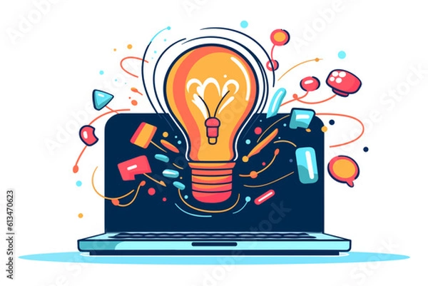 Obraz Light bulb idea. Laptop. Illustration