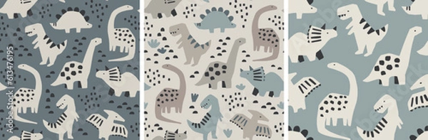 Fototapeta Ręcznie narysowana kolekcja wzorów dinozaurów. Śliczny zestaw do projektowania dinozaurów. Idealny dla dzieci, tkaniny, talent, żłobka. Ilustracja wektorowa.