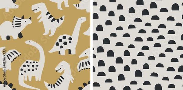 Fototapeta Cute dinosaur pattern set. Hand drawn dinosaurs and geometric abstract pattern. Perfect for kids fabric, textile, nursery wallpaper. Vector illustration.
