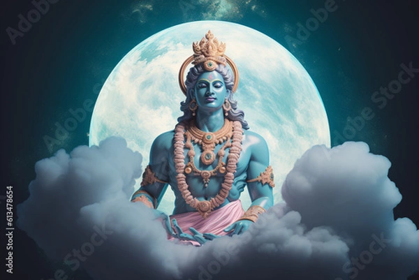 Obraz Culture and religious, states of mind concept. Hindu god Krishna and cloud ball surreal illustration. Generative AI