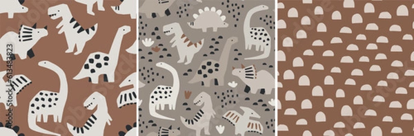 Fototapeta Hand drawn dinosaur pattern set. Cute dinosaurs and geometric abstract pattern. Perfect for kids fabric, textile, nursery wallpaper. Vector illustration.