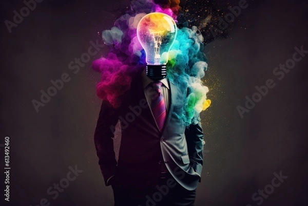 Obraz Businessman with colorful smoke and light bulb head concept on dark background