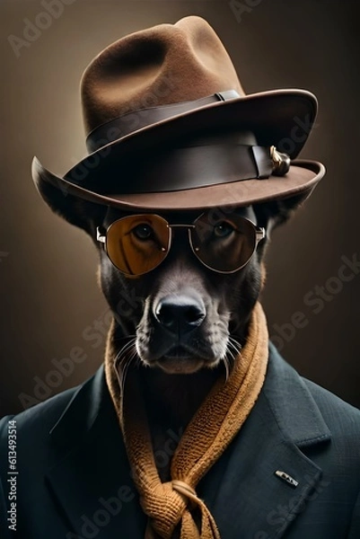 Fototapeta dog portrait with wearing hat and sunglasses 02. Generative AI