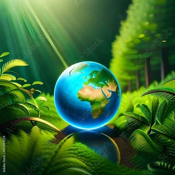 Fototapeta Glass globe in green forest with environment 04. Generative AI