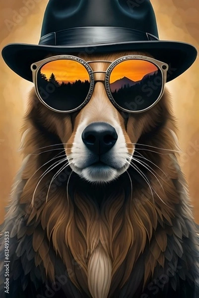 Obraz dog portrait with wearing hat and sunglasses 01. Generative AI