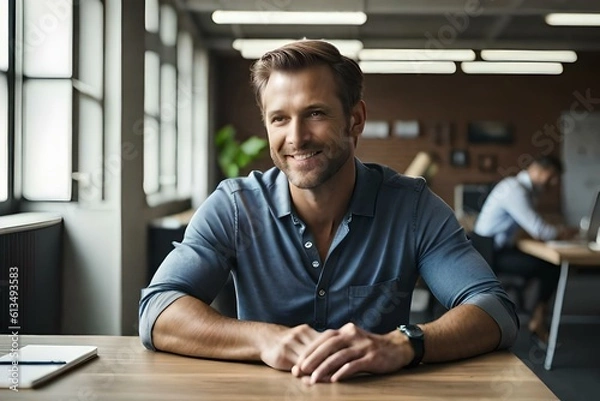 Obraz Smiling handsome businessman sitting in front of desk. Generative AI