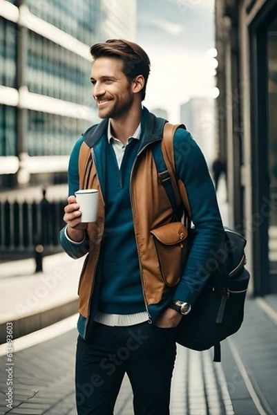 Obraz Young attractive man with backpack holding coffee cup. Generative AI