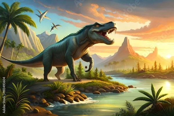 Obraz giant, prehistoric beast, dinosaur 3d attacks human, in tropical forest, jurassic landscape 02 . Generative AI