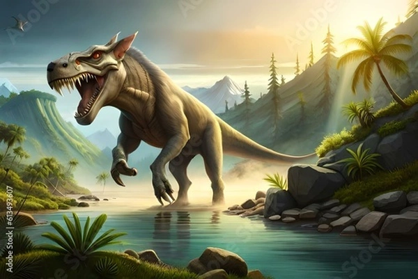Obraz giant, prehistoric beast, dinosaur 3d attacks human, in tropical forest, jurassic landscape 01 . Generative AI
