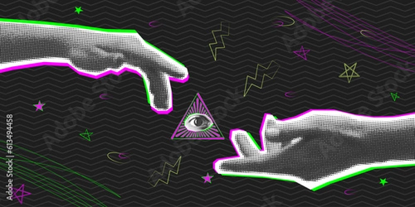 Obraz Halftone Hands And triangle eye symbol Doodle Banner