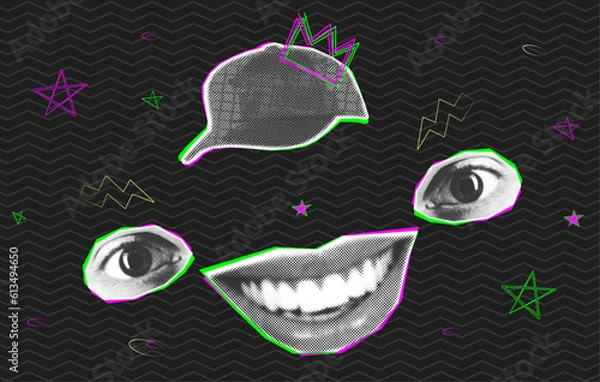 Obraz Trendy collage vector illustrations with dots texture set. Eyes and lips, cap and line doodles in a contemporary y2k pop style.
