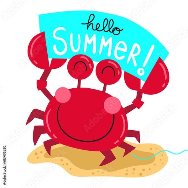 Fototapeta Illustration of a smiling red crab holding a sign that says welcome summer, design for a t-shirt