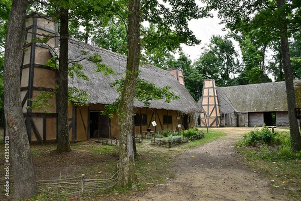 Fototapeta Houses with roof made with straw. Early Settlement Interpretive, Henricus Historical Park, Chester, Virginia