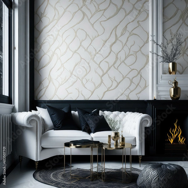 Fototapeta Cozy Sofa On Classic Victorian Pattern Wallpaper Wall, Living Room, Soft Window Light, Side Table with Metal texture Generative AI